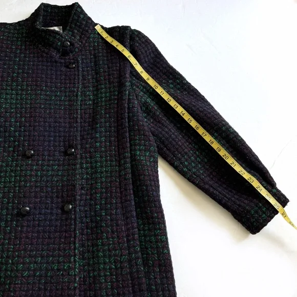 Vintage Tweed Peacoat Womens 10 Purple Green Wool 90s Classic Double Breasted - Picture 6 of 15
